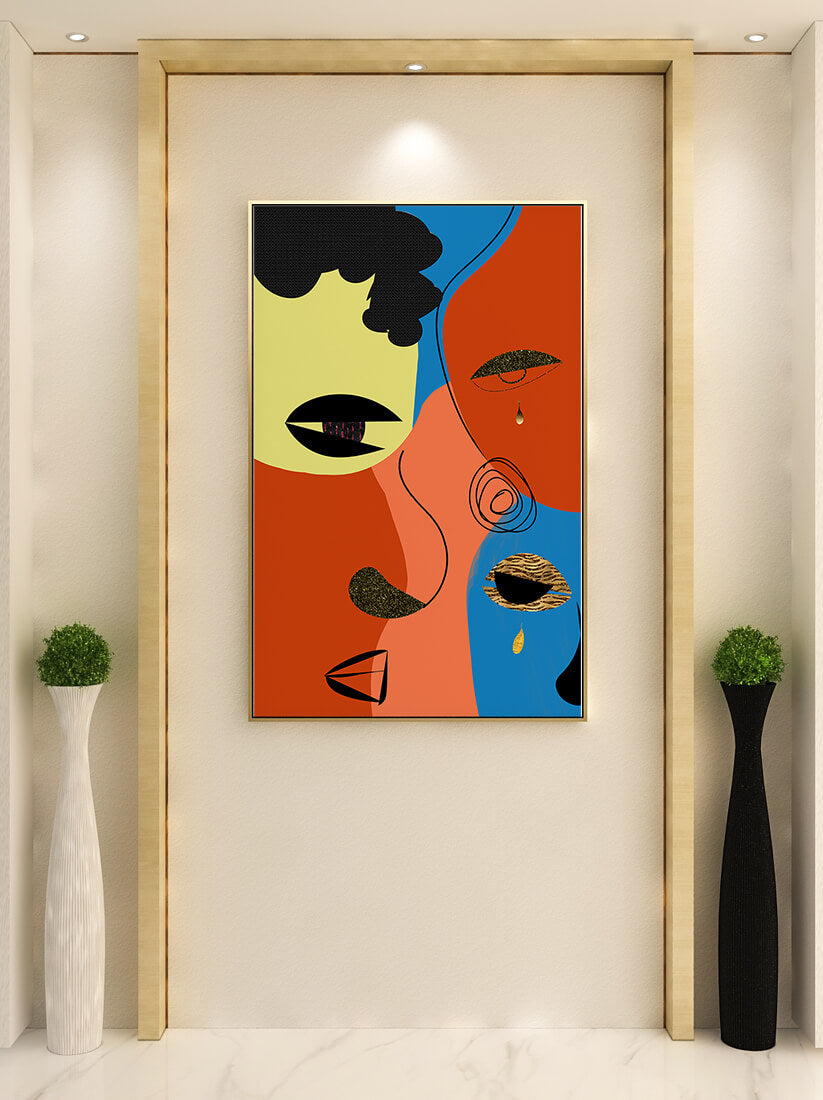 Abstract faces with vibrant colors and gold accents