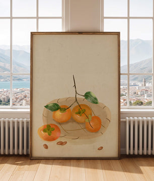 Still Life with Persimmons and Branch on a Neutral Background