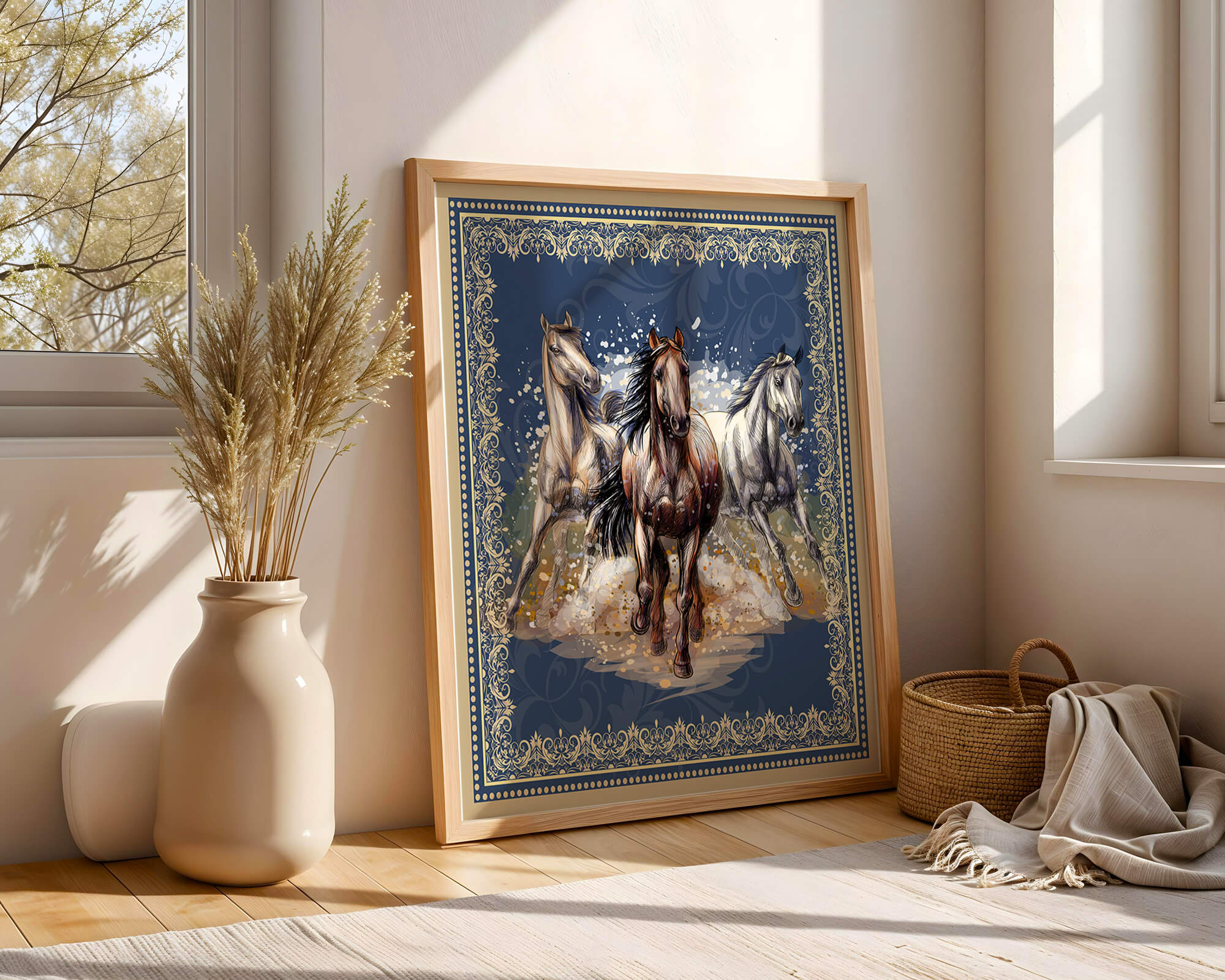 Running horses framed with elegant golden border on a blue background