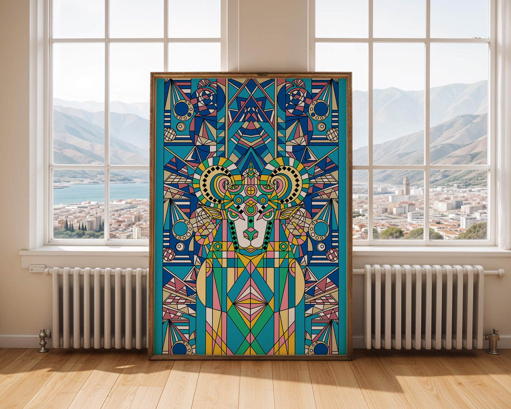 Diseño geométrico colorido de carnero con patrones simétricos