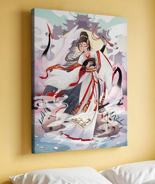 Elegant Asian Artistry with a Crane and Traditional Attire