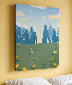 Landschaft mit schneebedeckten Bergen und Blumen im Cartoon-Stil