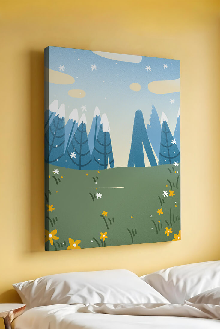 Landschaft mit schneebedeckten Bergen und Blumen im Cartoon-Stil