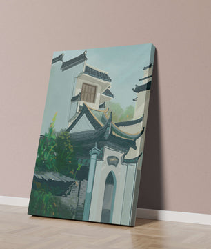 Traditional Asian architecture with lush greenery