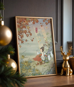 Traditional Chinese painting with autumn scenery and lady sipping tea