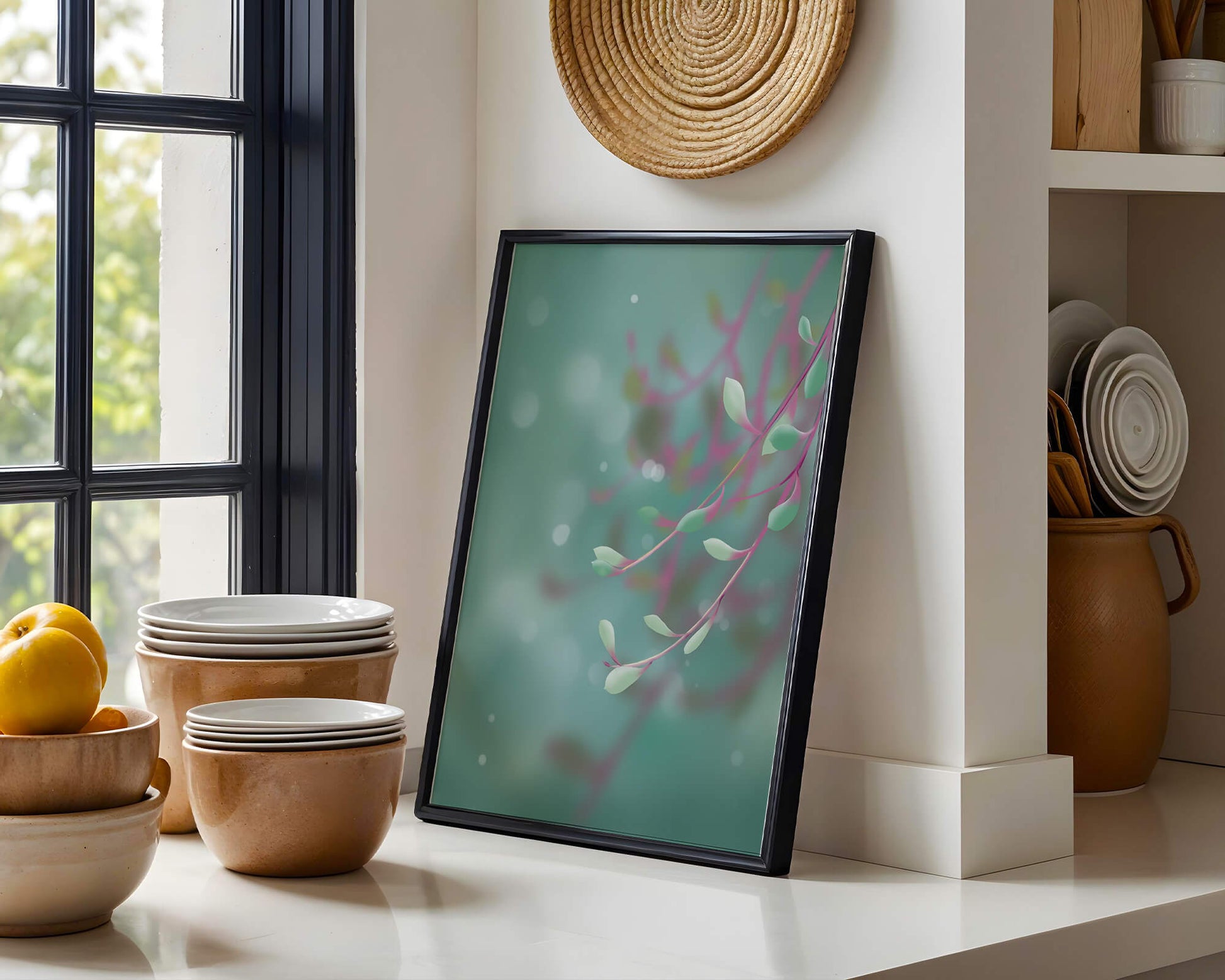 Diseño abstracto sereno con hojas pastel y fondo borroso