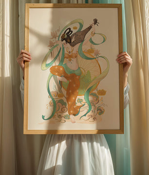 Elegant depiction of an Asian-inspired musician with floral and ribbon motifs