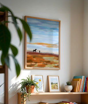 Serene landscape with cowboy and horse under vast sky