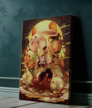 Fantasy scene with rabbit and character amid fireworks and lanterns