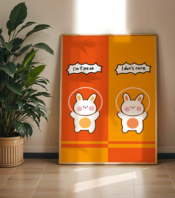 Adorable cartoon bunnies on vibrant orange and yellow background