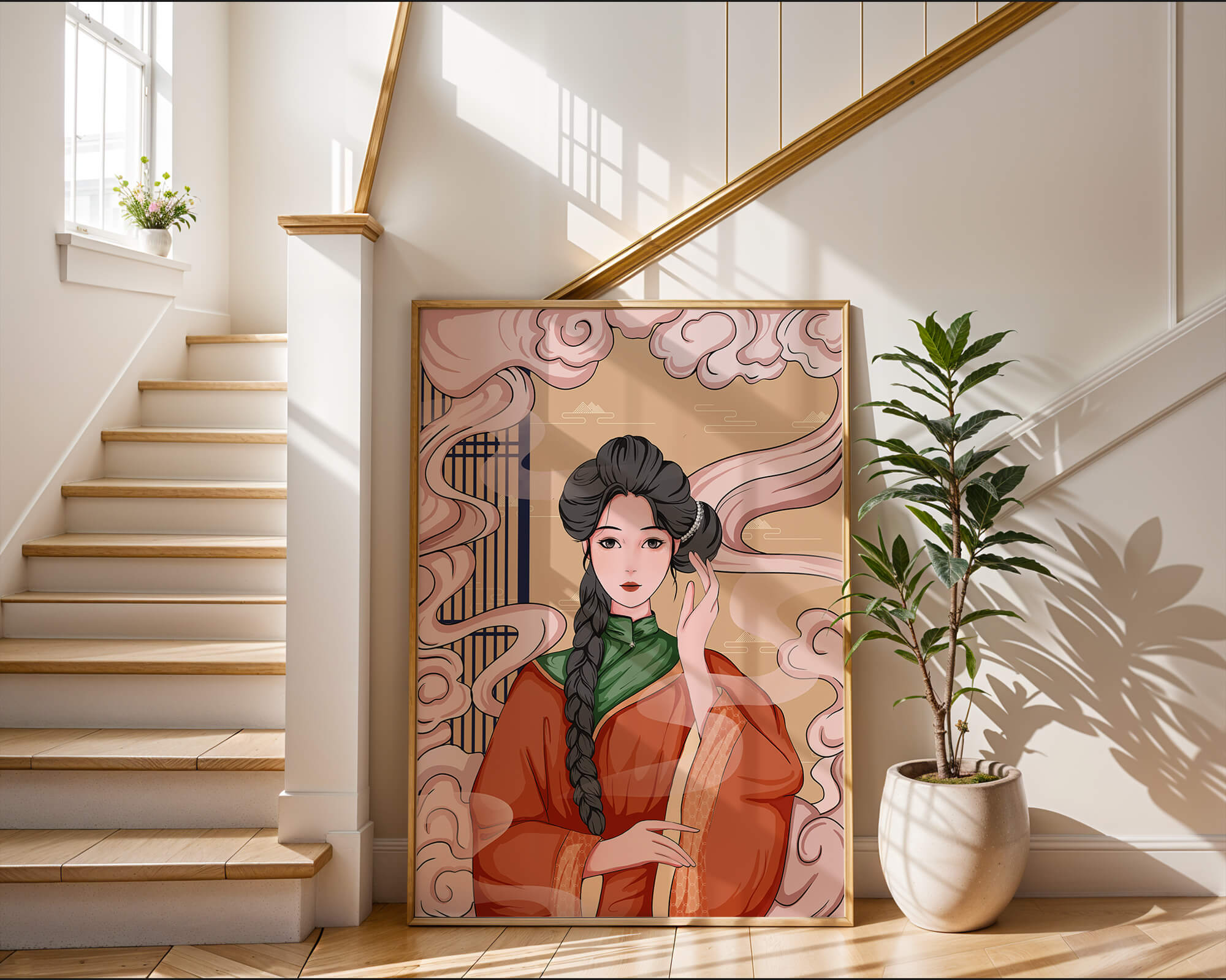 Elegant depiction of a woman in traditional attire with swirling clouds