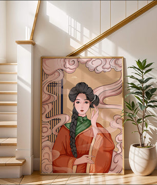 Elegante representación de una mujer con atuendo tradicional y nubes giratorias