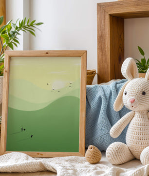 Paisaje minimalista con figuras silueteadas y aves al atardecer