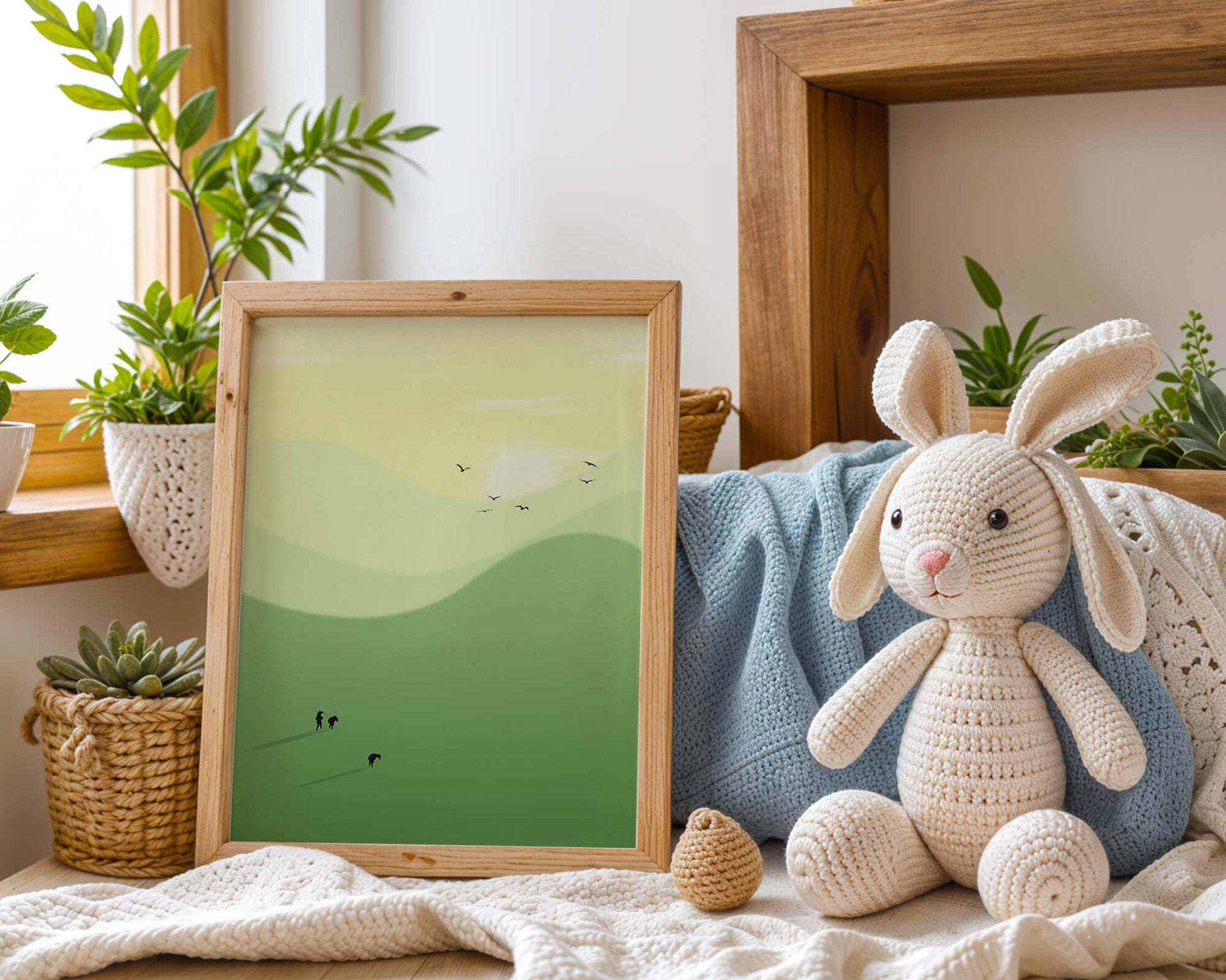 Paisaje minimalista con siluetas de personas y pájaros al atardecer