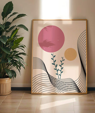 Composition florale abstraite avec des cercles roses et orange sur fond minimaliste