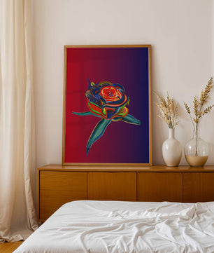 Rosa abstracta vibrante con colores dinámicos sobre fondo degradado