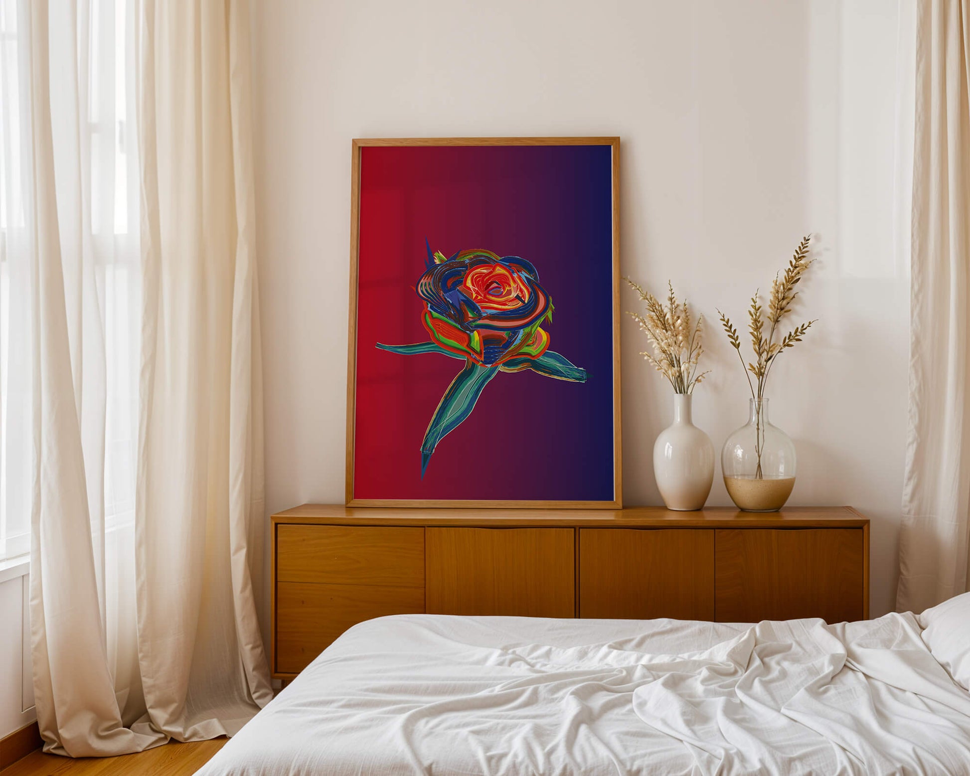 Rosa abstracta vibrante con colores dinámicos sobre fondo degradado