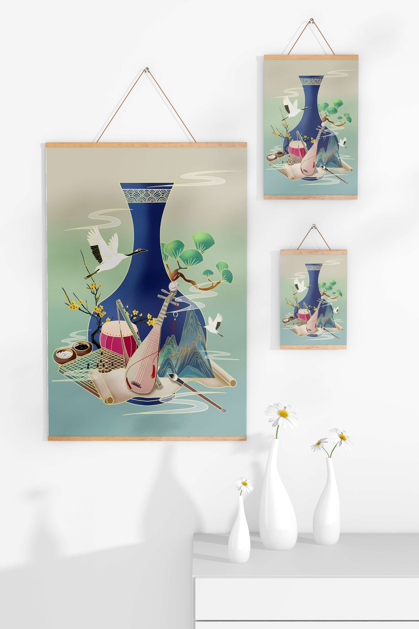 Traditional Asian art scene featuring vase, musical instruments, and cranes