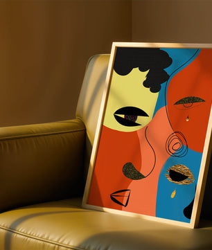 Abstract faces with vibrant colors and gold accents