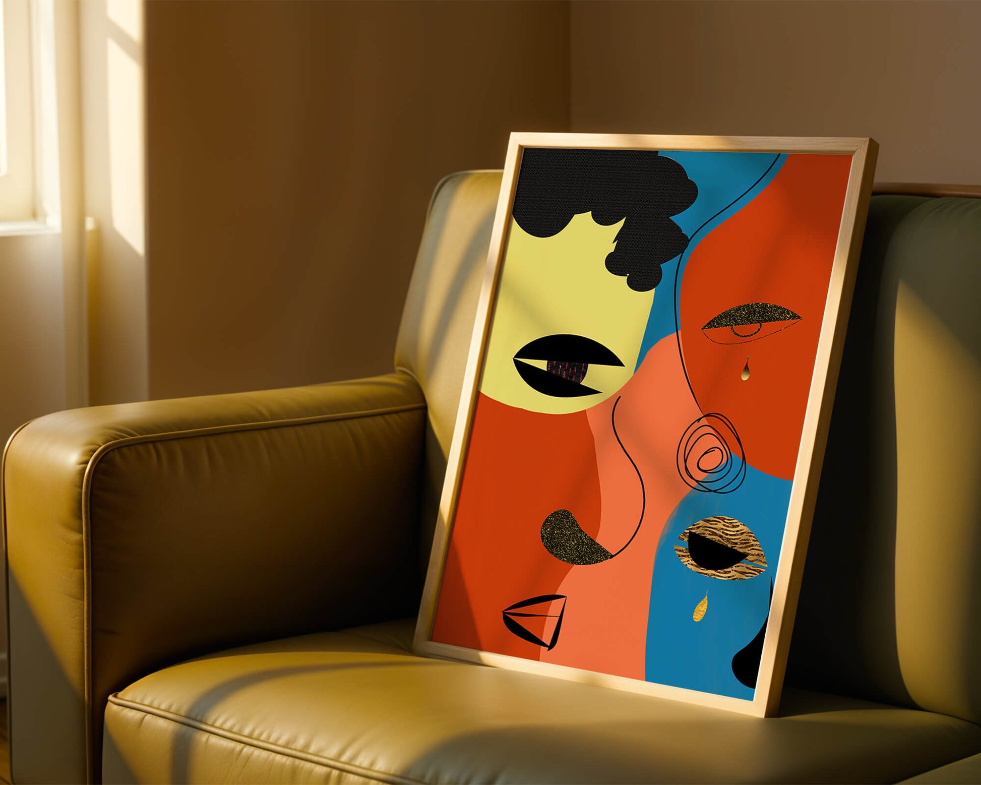 Abstract faces with vibrant colors and gold accents