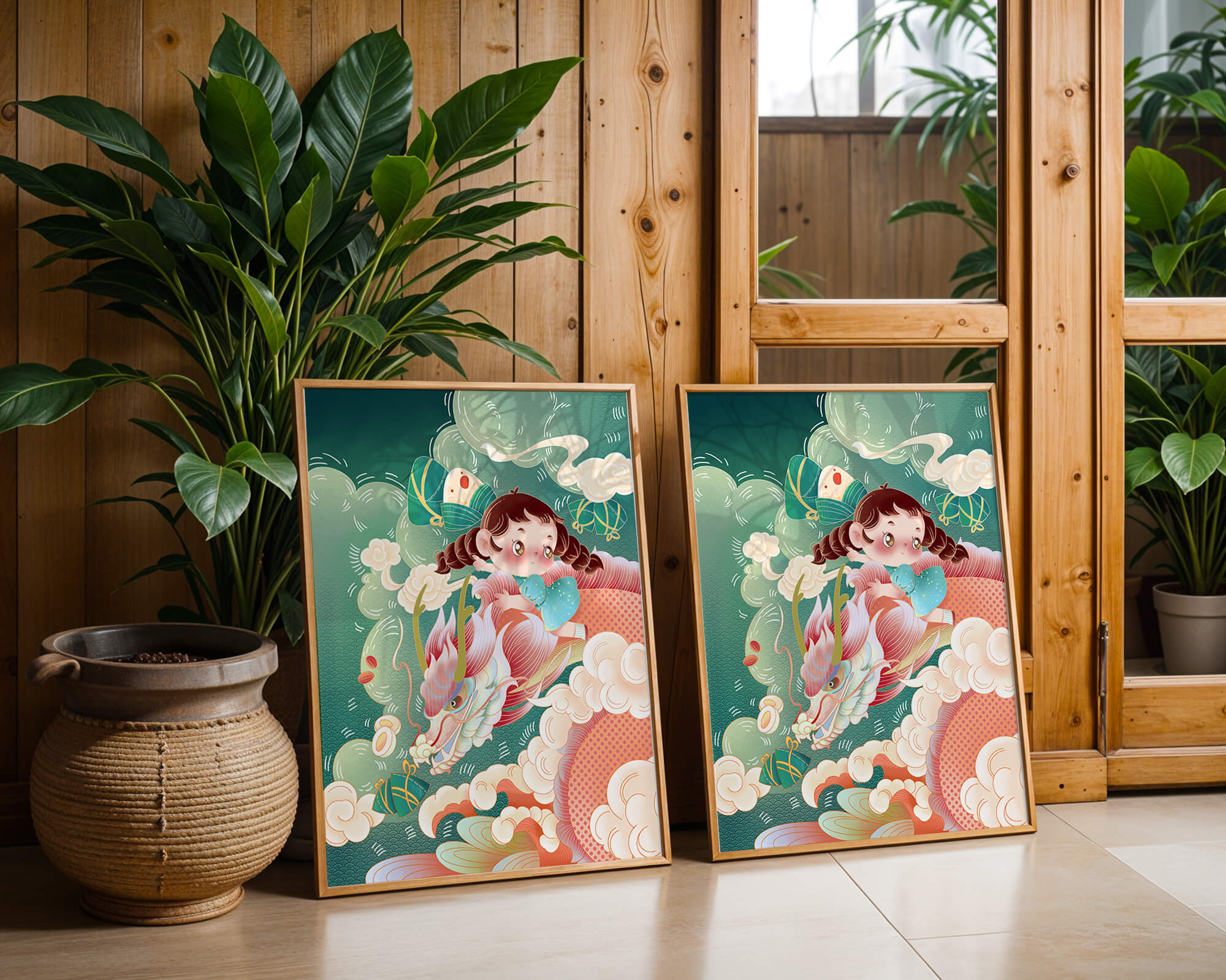 Whimsical scene of a girl riding a dragon through clouds