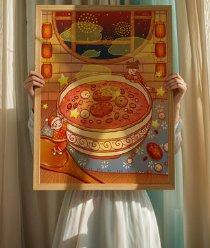 Scène festive et chaleureuse avec des enfants, un grand bol de soupe et des lanternes