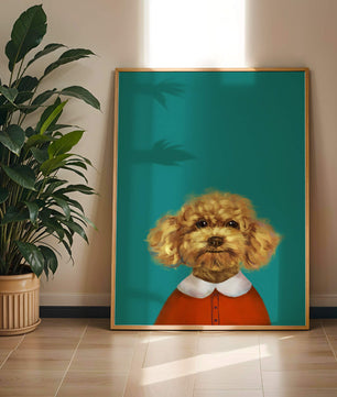 Portrait de caniche charmant en tenue de fête sur fond turquoise