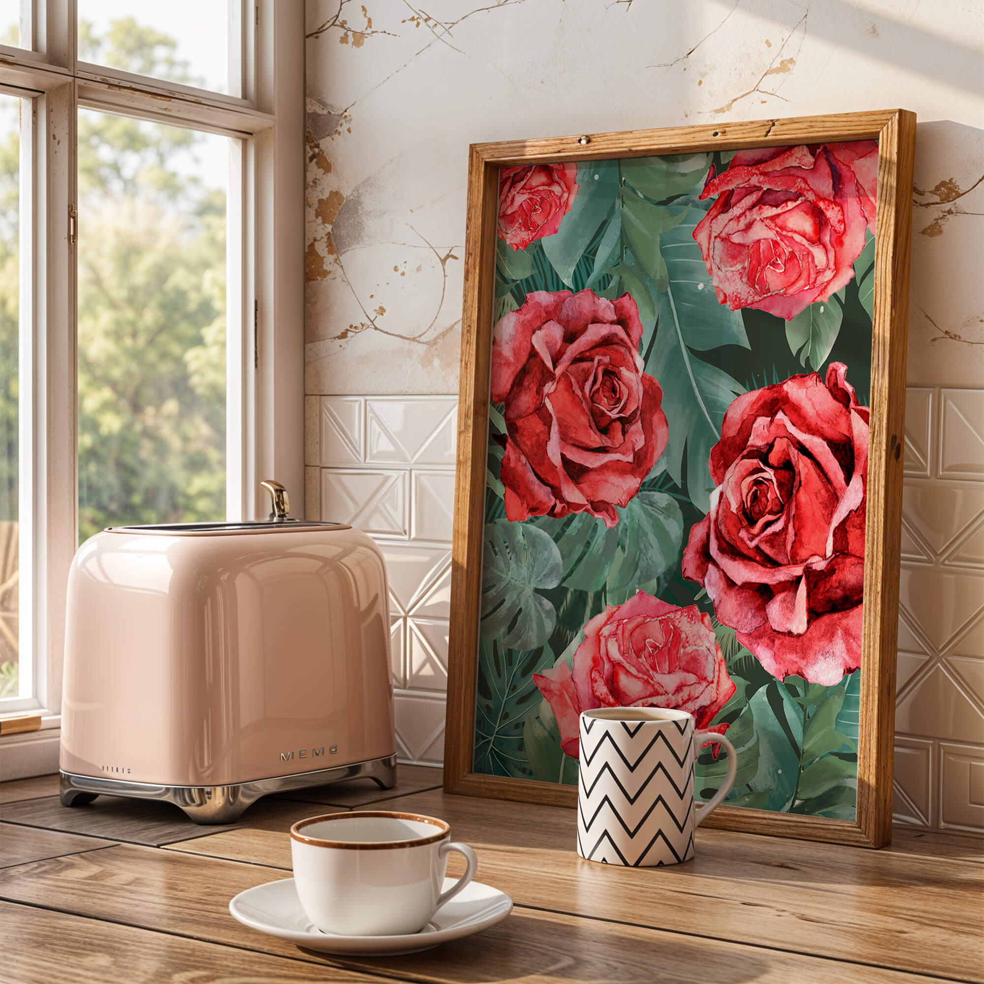 Red roses and green foliage pattern in watercolor style