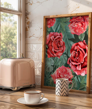Red roses and green foliage pattern in watercolor style
