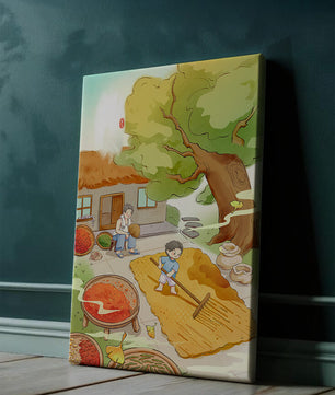 Escena rural encantadora con niño secando granos bajo el árbol