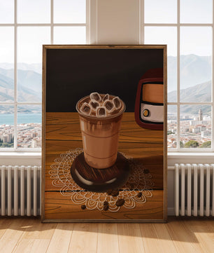 Escena de café vintage con café helado y radio retro