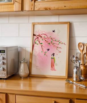 Art chinois traditionnel avec des fleurs de cerisier et une silhouette élégante