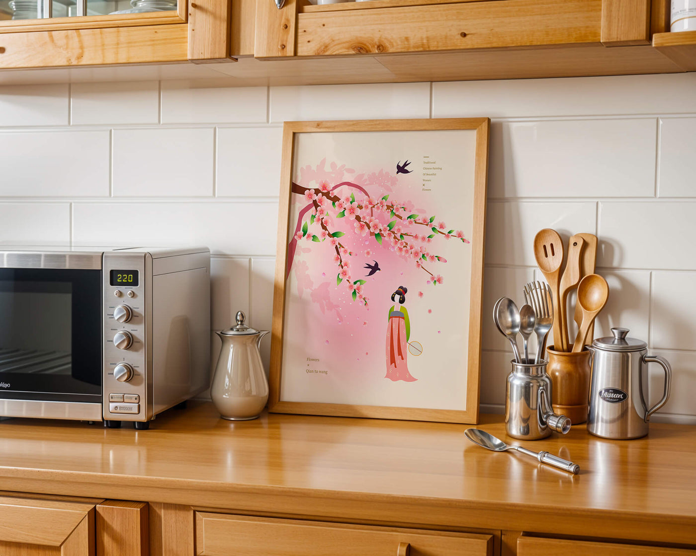 Traditional Chinese art with cherry blossoms and elegant figure