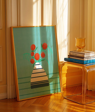 Vase with Red Flowers on a Textured Blue Background - Mi tienda