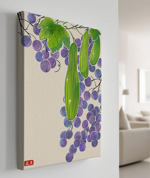 Ilustración de uvas y pepino con colores vibrantes y hojas