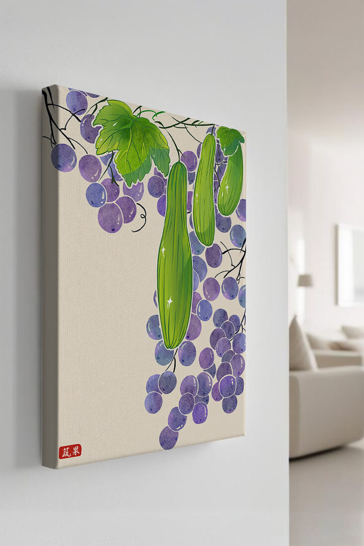 Ilustración de uvas y pepino con colores vibrantes y hojas