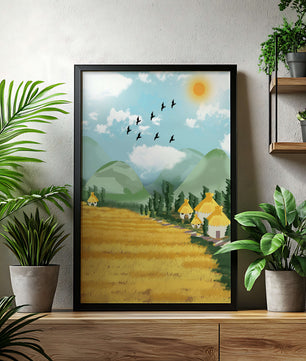 Sunny Countryside With Birds And Golden Fields