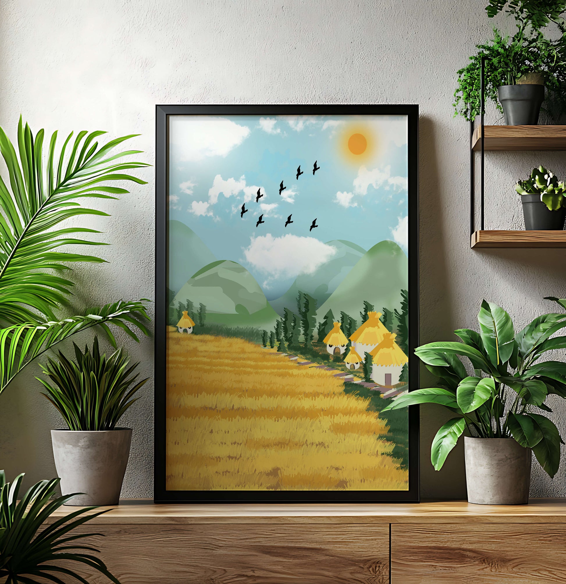 Sunny Countryside With Birds And Golden Fields