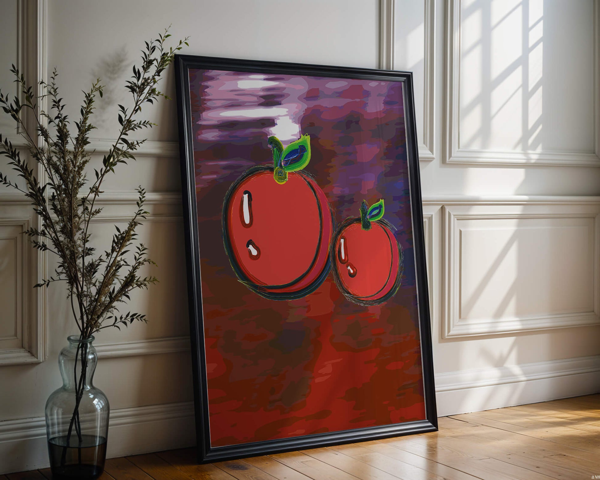 Dos manzanas abstractas con fondo colorido