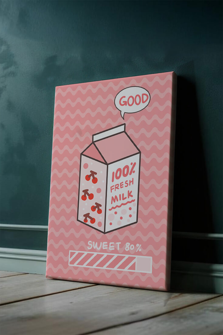 Playful illustration of milk carton with cherry design on pink background