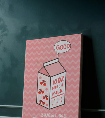 Playful illustration of milk carton with cherry design on pink background