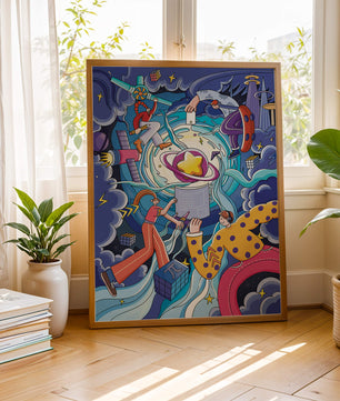 Exploration cosmique colorée avec personnages animés et formes géométriques