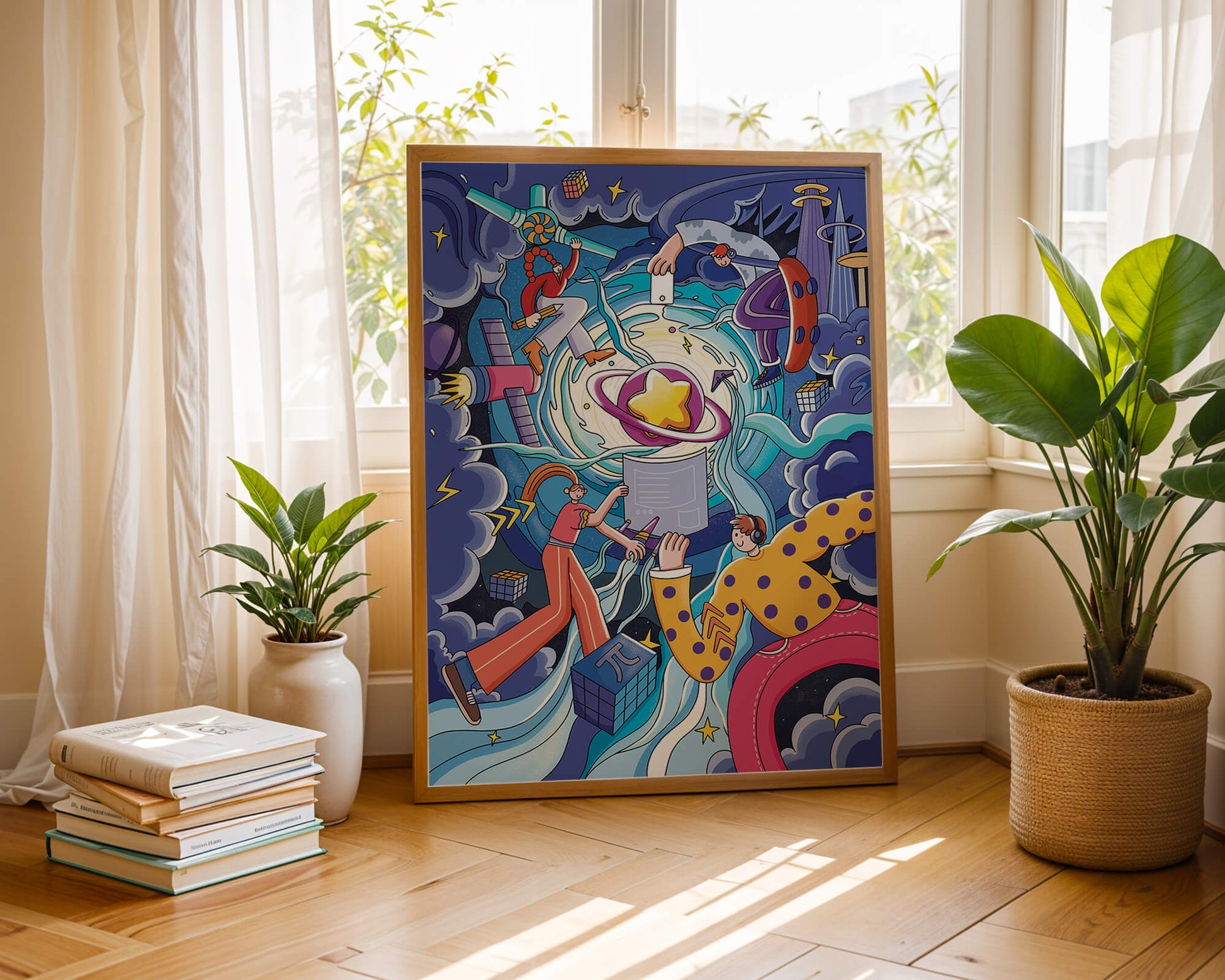 Colorful Cosmic Exploration with Animated Characters and Geometric Shapes