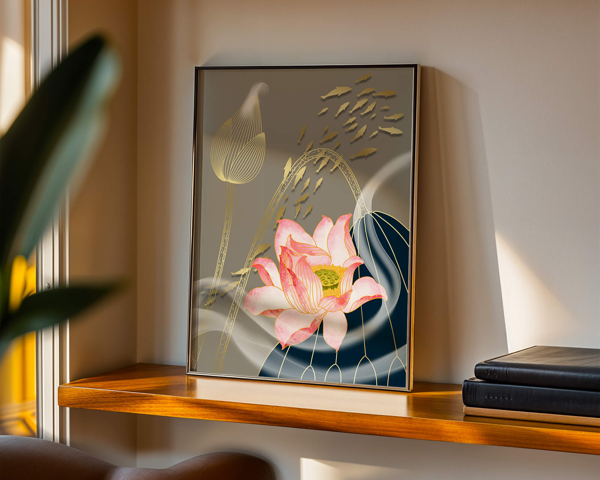 Elegant floral design with blooming lotus and golden fish accents