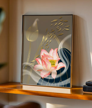 Elegant floral design with blooming lotus and golden fish accents