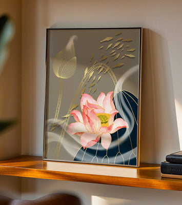 Elegant floral design with blooming lotus and golden fish accents