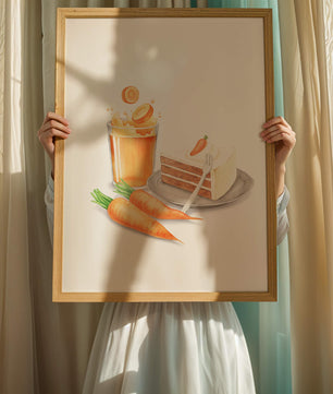 Illustration von Karottenkuchen und Saft mit frischen Karotten