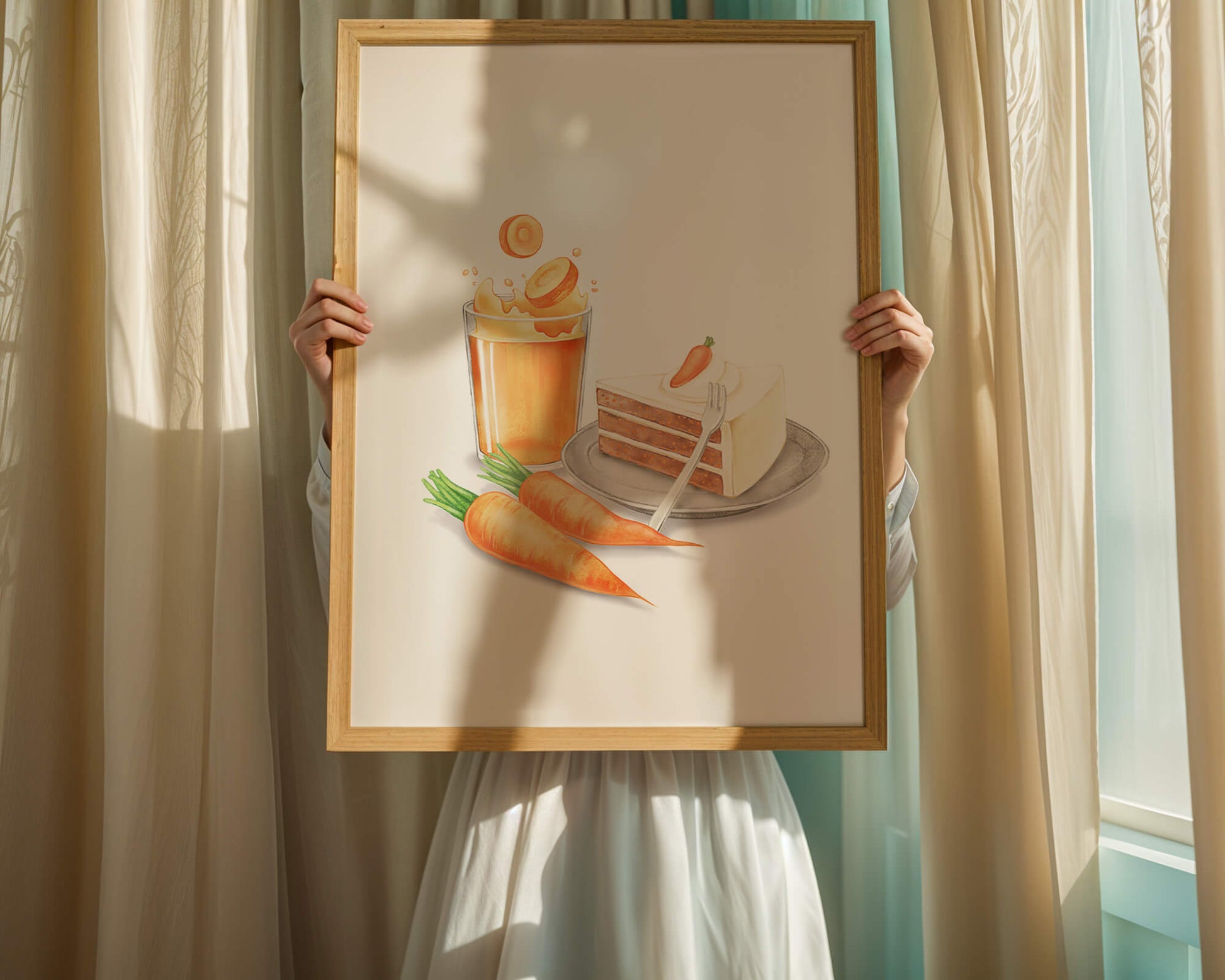 Illustration von Karottenkuchen und Saft mit frischen Karotten