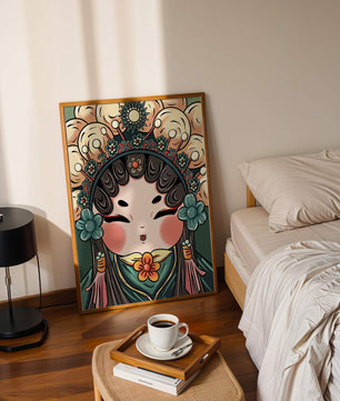 Ilustración encantadora de una muñeca china tradicional con tocado floral