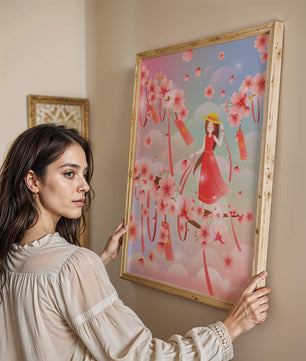 Scène printanière sereine avec des cerisiers en fleurs et une fille portant un chapeau